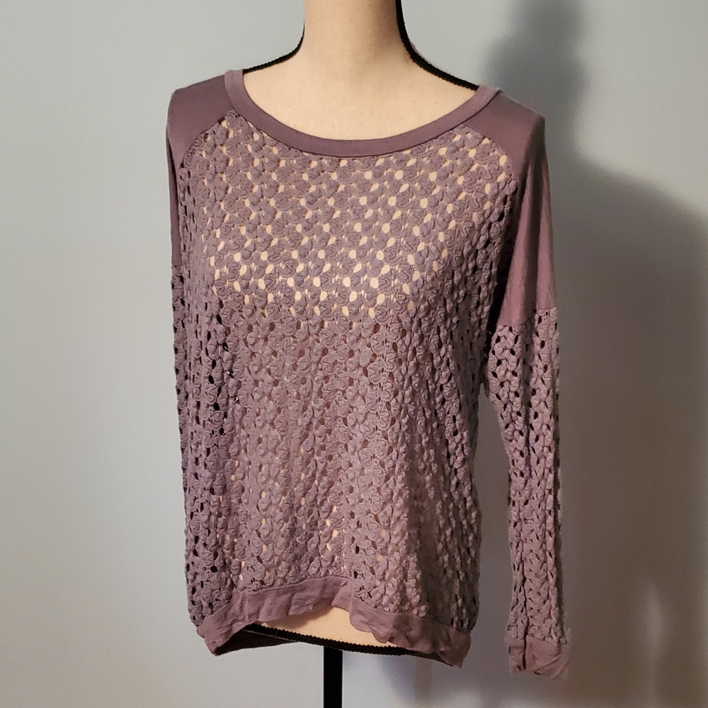 Bobeau Mixed Media Openwork Knit Sweater Gray Mauve Size L